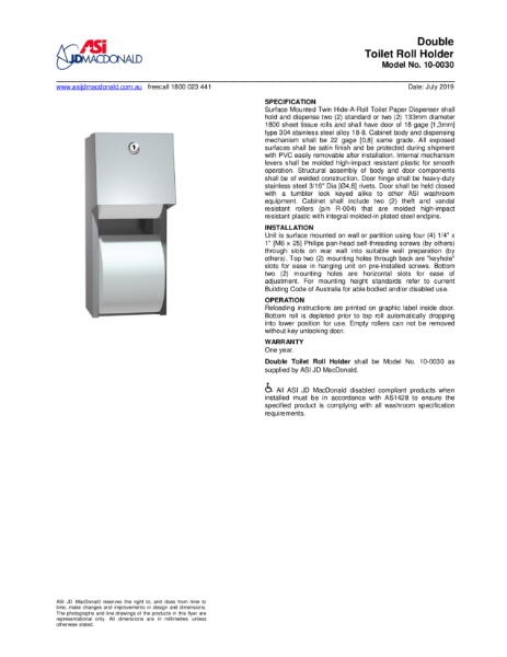 Twin Hide-A-Roll Toilet Roll Holder Specification Sheet