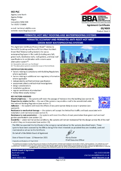 BBA Certificate - IKO Permatec Systems - Product Sheet 3