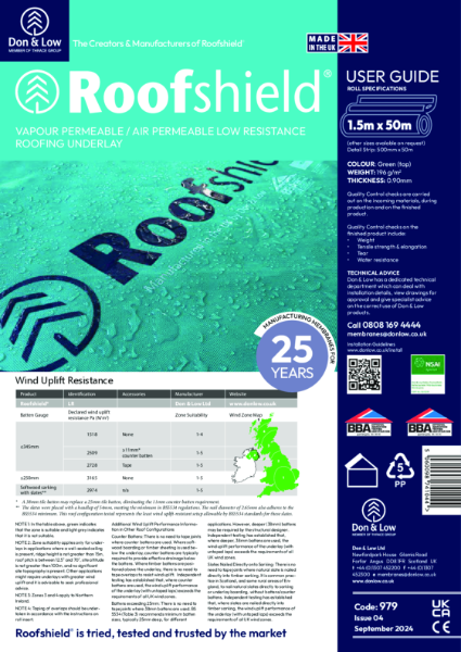 Roofshield Roll Insert 1.5 x 50m 979 Issue 04 September 24