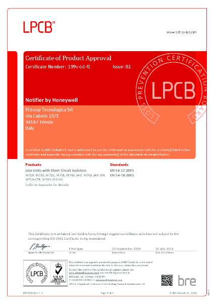 M710 / M720 / M721 / M701 / M701-240 / M701-240-DIN / M710-CZR / M701-240-KO EN54 Certificate of Approval