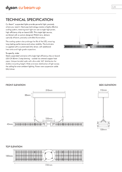 Dyson Lighting - Cu Beam Up suspended lighting Technical Specification