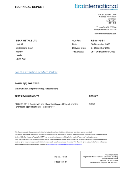 Test Report BS 6180 - Matanuska Clamp Mount Juliet Balcony