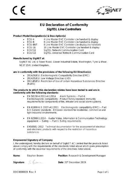 SigTEL Master Controllers EU Declaration of Conformity (CoC)