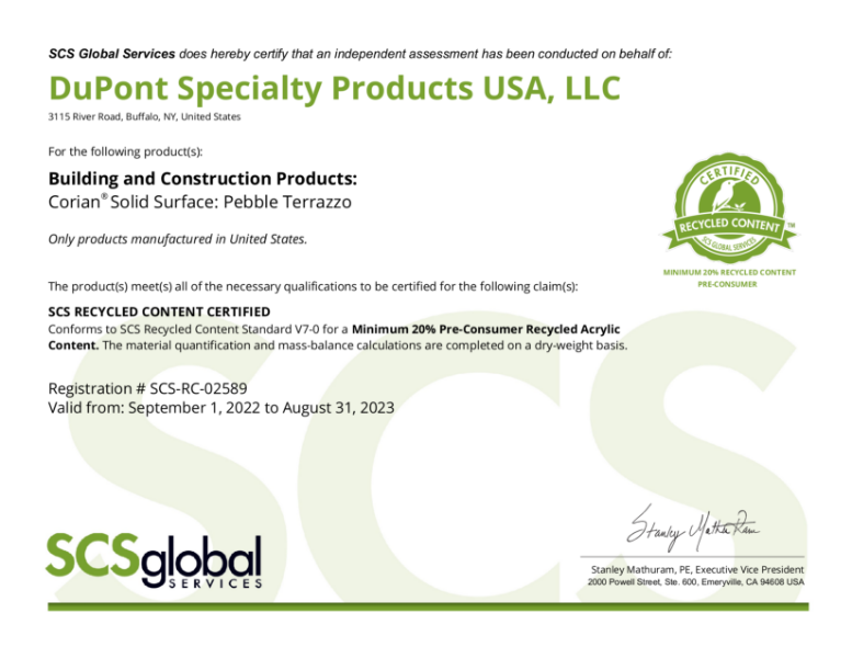 Corian® Solid Surface Recycled Content Certification (20%)