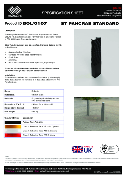 Townscape St Pancras Polymer Bollard Specification Sheet BOL0107