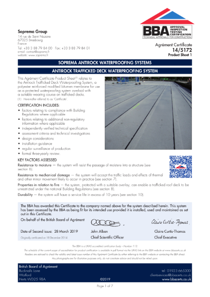 Antirock Trafficked Deck Waterproofing System - A polyester reinforced modified bitumen membrane for use as a protected waterproofing system overlaid with a suitable wearing course on trafficked decks.