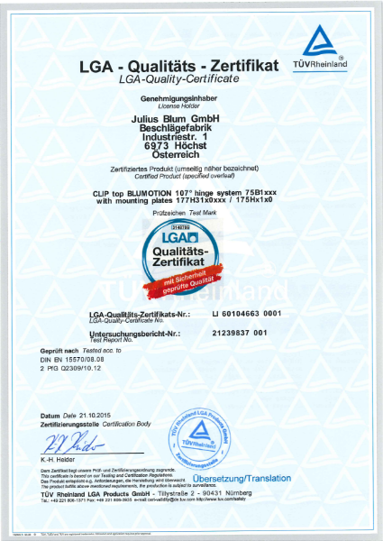 CLIP top BLUMOTION 107° 75B1xxx LGA-Certificate