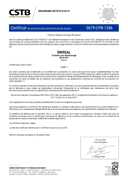 Emseal Colorseal VHE - European Technical Approval-ETA 
CE-Marking Certificate