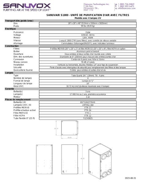 Spécifications techniques du Sanuvair S1000 G4 (FR)