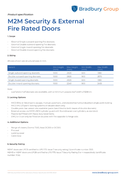 M2M Security and external rated fire doors product specification