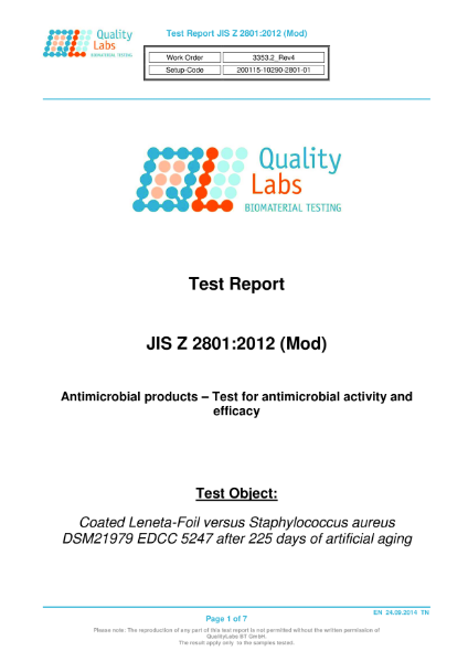 Test Report - Staphylococcus aureus 225 day antimicrobial test