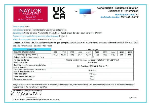 Hi-Spec R7 Concrete Lintel - Declaration of Performance