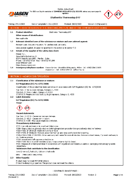 Diasen Diathonite Thermostep.047 Material Safety Datasheet