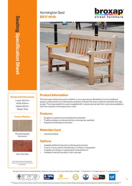 Kennington Seat Specification Sheet