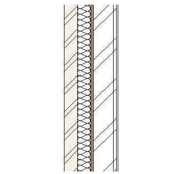 Brick cavity wall with steel frame, full fill insulation, particleboard and plasterboard lining