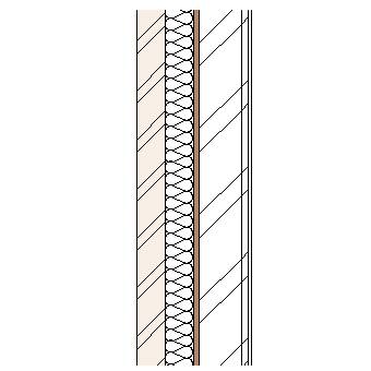 Brick cavity wall with steel frame, full fill insulation, particleboard and plasterboard lining