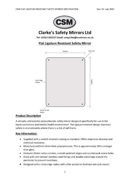 CSM Flat Ligature Resistant Safety Mirror Specification Rev02