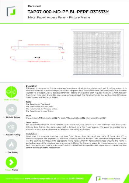 Metal Faced Access Panel - Picture Frame Data Sheet