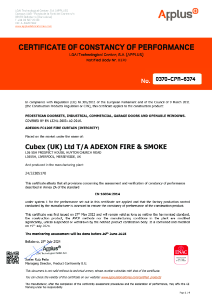 Certificate of constancy of performance