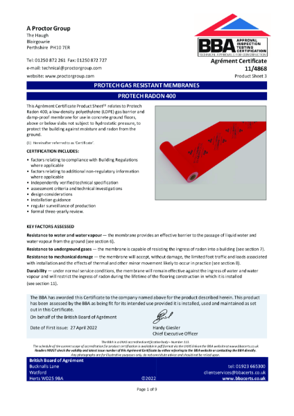 Proctors Protech Radon 400 BBA Certificate