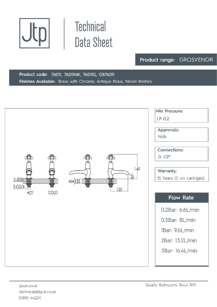 Grosvenor Cross Long Nose Basin Taps – Product Data Sheet