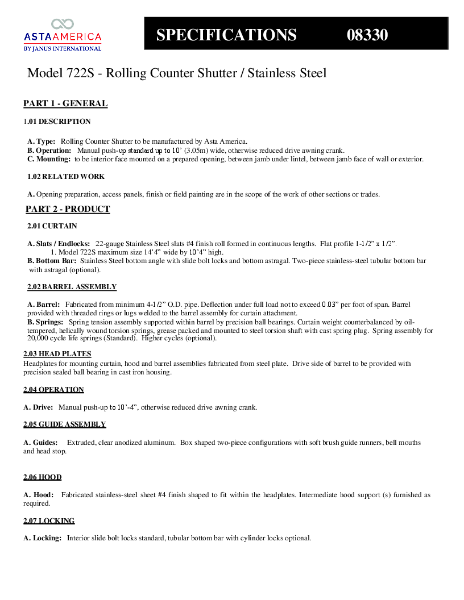Model 722S Technical Specifications Stainless Steel