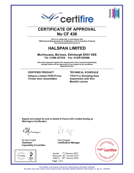 Halspan Prima 60 Certifire Certificate of Approval CF436