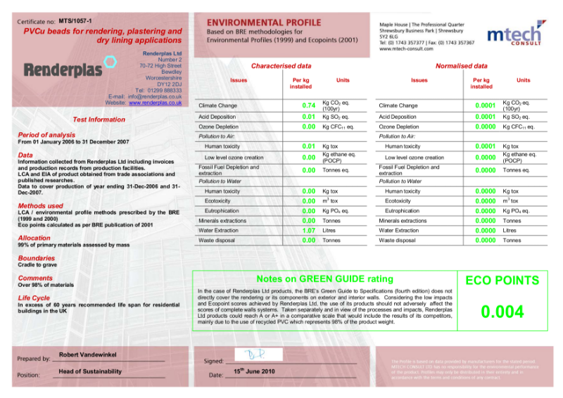 Renderplas Bead Environmental Sustainability Certificate