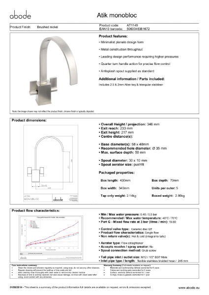 Atik Monobloc (Brushed Nickel) Consumer Specification