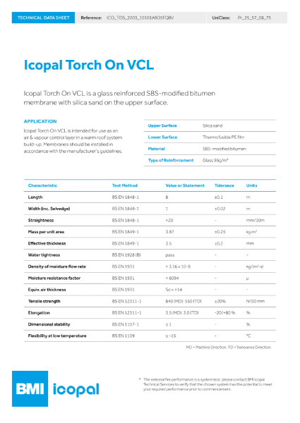 Icopal Torch On VCL Technical Data Sheet