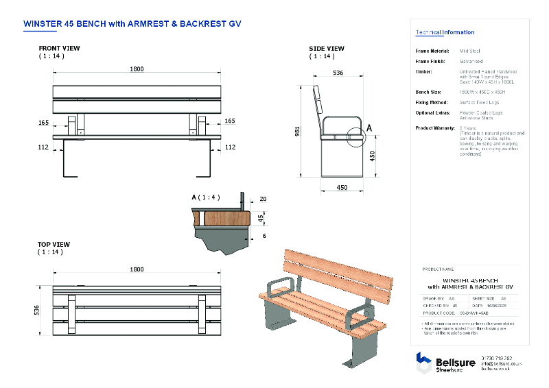 Winster Bench with Backrest and Armrests Datasheet