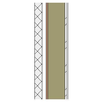 Concrete block cavity wall with wood frame, particleboard, insulation and plasterboard lining on metal furrings
