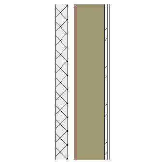 Concrete block cavity wall with wood frame, particleboard, insulation and plasterboard lining on metal furrings