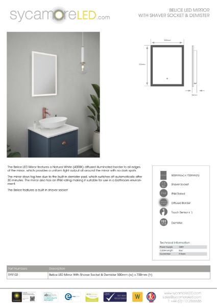 Specification Sheet For Belice Illuminated Mirror