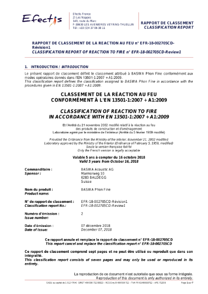 Classification of reaction to fire - BASWA Phon Fine