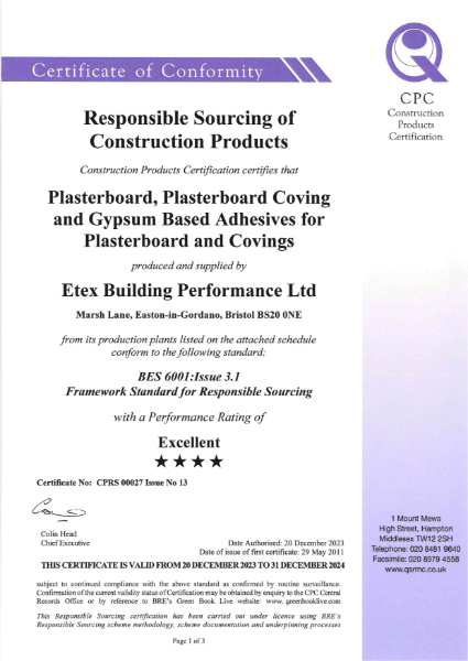 BES6001 Responsible Sourcing Certificate for Etex/Siniat