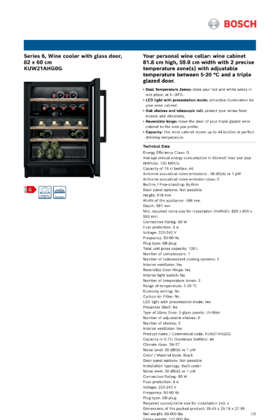 Series 6, Wine cooler with glass door,
82 x 60 cm
KUW21AHG0G