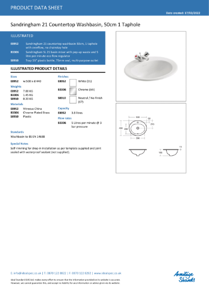 Sandringham 21 500mm Countertop Basin CTH - E895201