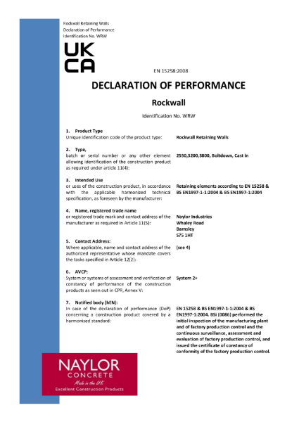 Rockwall Precast L-Shaped Retaining  Wall design certificate