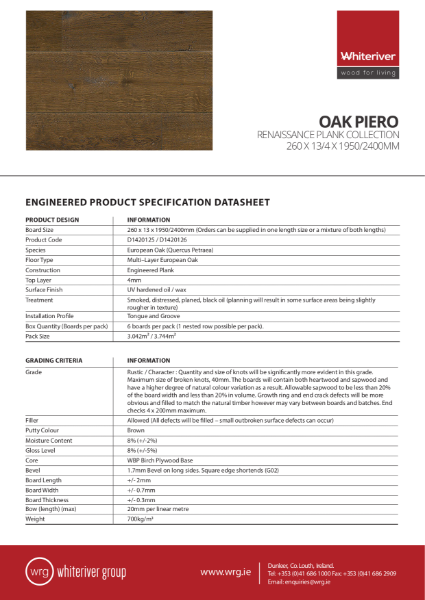 260 x 13 x 1950 & 2400mm Renaissance Oak Piero Plank Spec Sheet