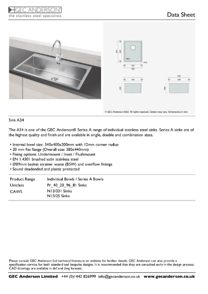 GEC Anderson Data Sheet - Series A sink: A34