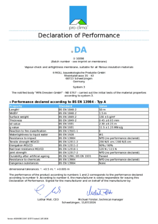 Pro Clima DA Declaration of Performance (DOP)