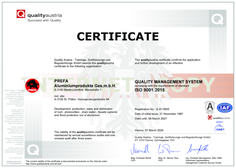 PREFA ISO 9001 Certificate