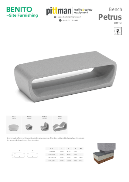 Benito Petrus Concrete Benches and Chairs Data Sheet