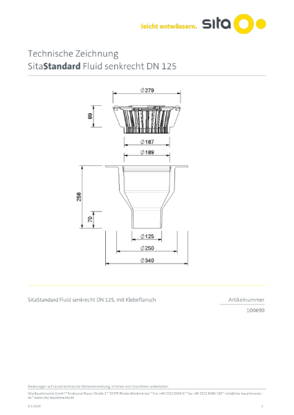 DN125 SitaStandard Fluid Vertical Roof Outlet - Technical Drawing