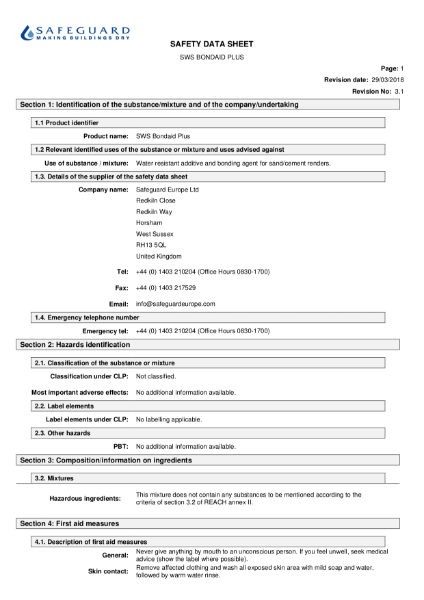 Drybase Bondaid Plus Safety Data Sheet