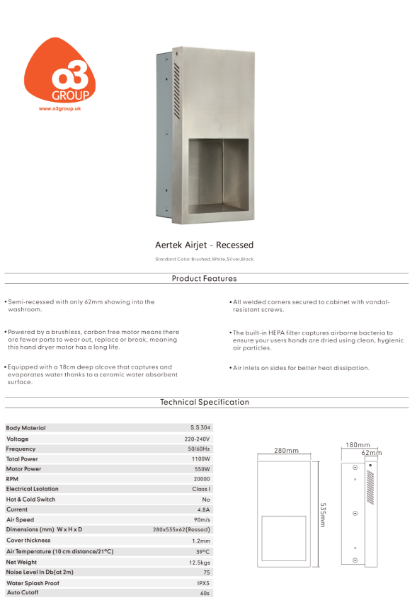 Aertek AirJet Recessed Hand Dryer Tech Spec Data Sheet