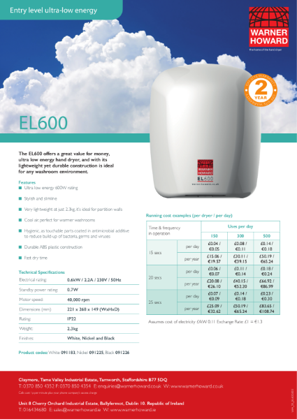 EL600 Ultra Low Energy Hand Dryer