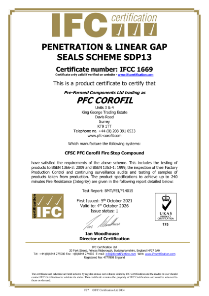 PFC Corofil Fire Stop Compound CFSC - IFC Certificate: IFCC1669
