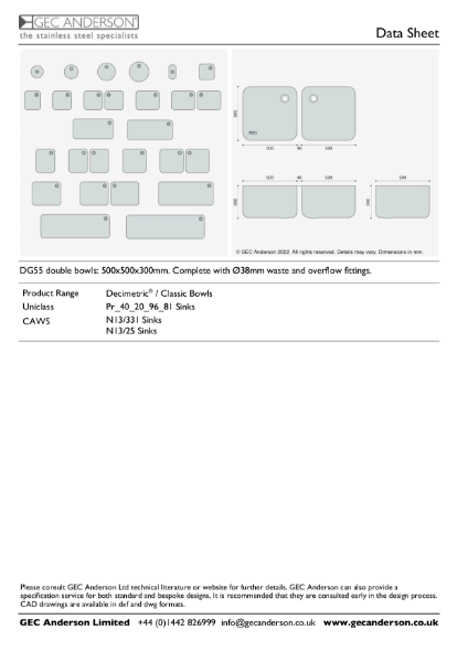 GEC Anderson Data Sheet - DG55 Double Bowls